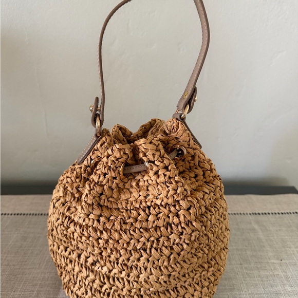 Woven Straw Bucket Bag with Tan Leather Trim - Picture 3 of 10